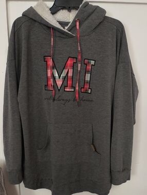 Maurices Gray Hoodie with Red Plaid 'MI' Accent